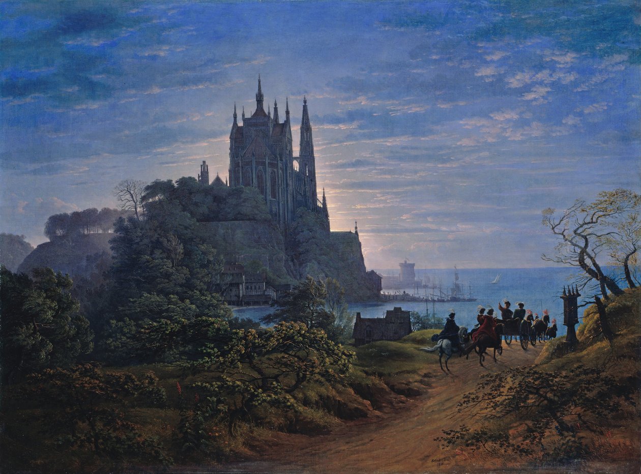 Gotisk kirke på en klippe ved havet, 1815 af Karl Friedrich Schinkel