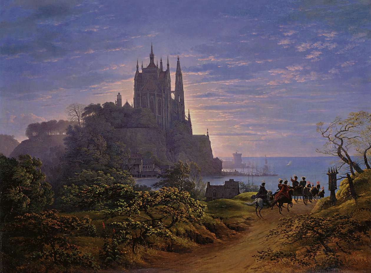 Gotisk kirke på en klippe ved havet af Karl Friedrich Schinkel