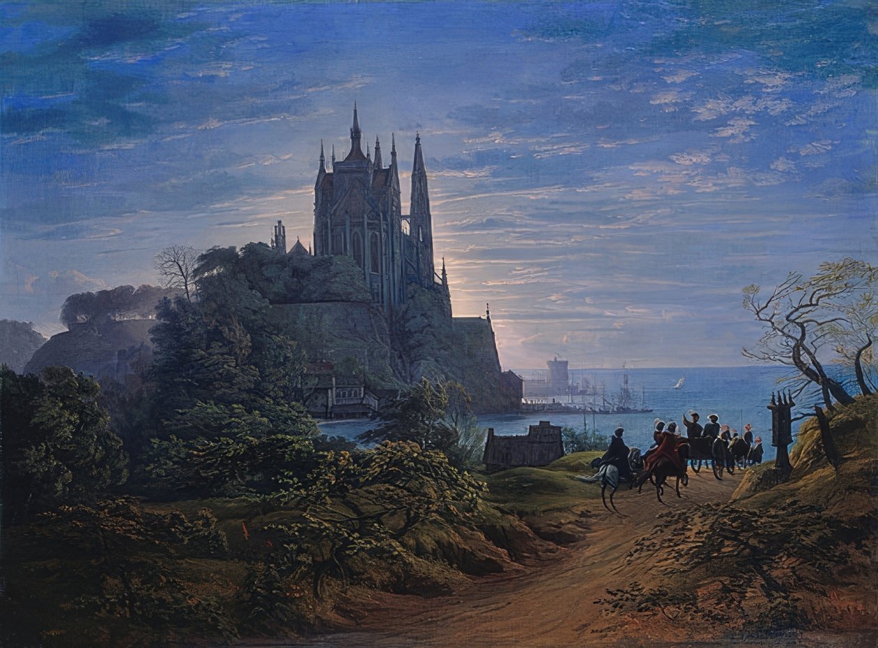 Gotisk kirke på en klippe ved havet. 1815 af Karl Friedrich Schinkel