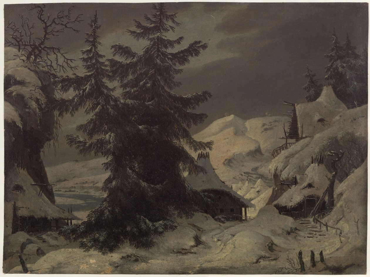 Greven Benjowski, eller sammensværgelsen på Kamchatka. Skuespil af August von Kotzebue. Udkast til 2. kulisse. Landsby med snelandskab af Karl Friedrich Schinkel