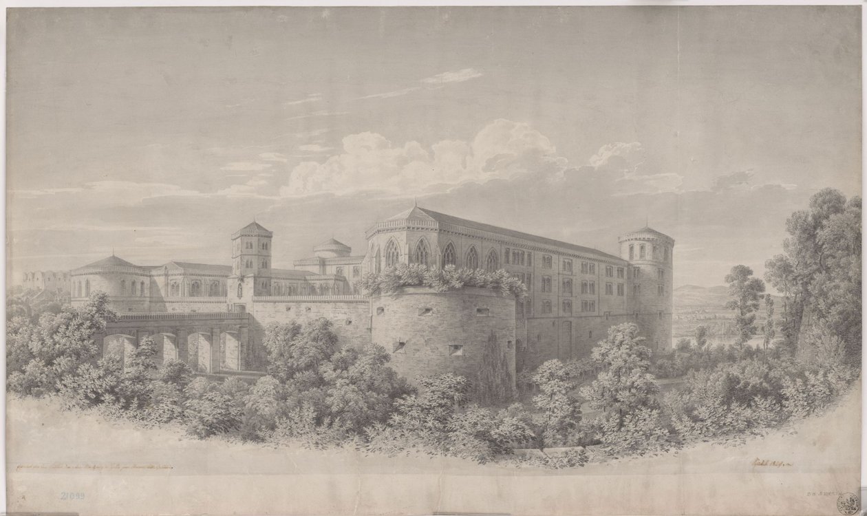 Halle an der Saale. Forslag til ombygning af Moritzburg. Udsnit set fra nordøst af Karl Friedrich Schinkel