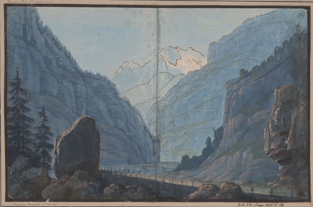 Herrmann og Thusnelda. Skuespil af August von Kotzebue. Udkast til 5. dekoration. Bjergvej af Karl Friedrich Schinkel