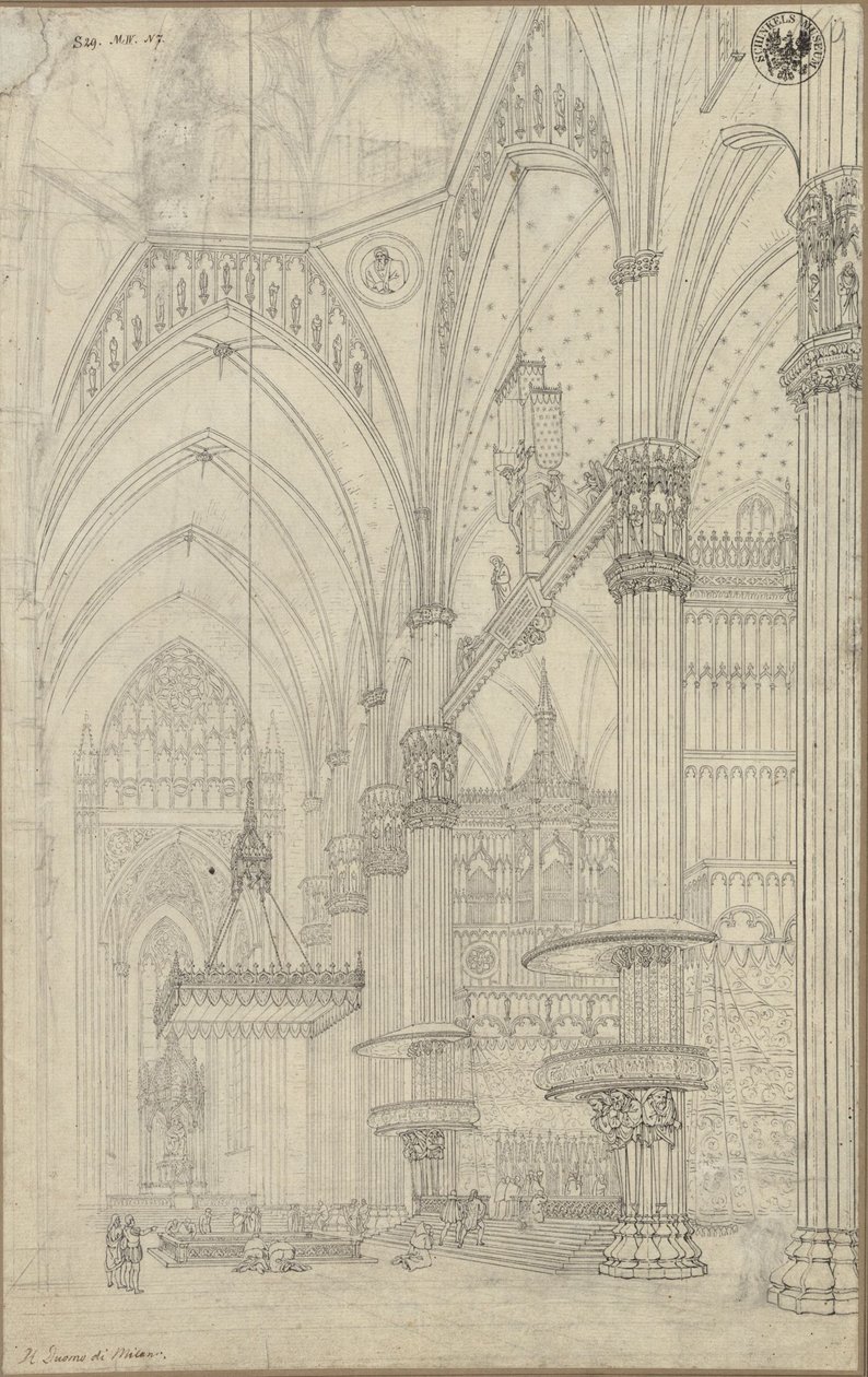 „Indre udsigt over tværskibet i Milanos domkirke“ / Udsigt ind i korsskæringen og det nordlige tværskib i Milanos domkirke af Karl Friedrich Schinkel
