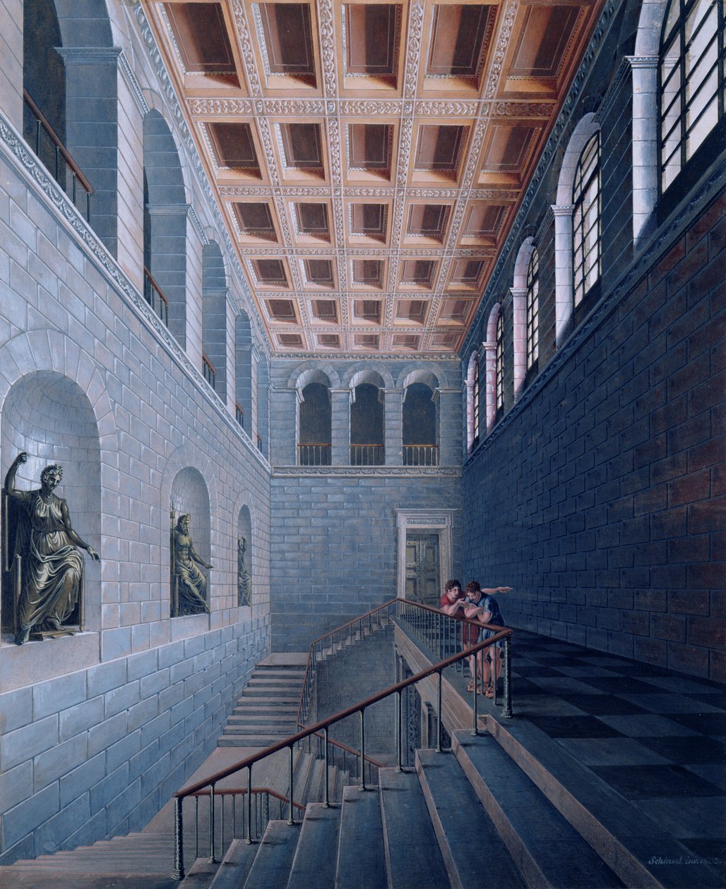 Indvendigt billede af en trappe, design til et slot i Koestritz, 1802-03 (pen & blæk og bc på papir) af Karl Friedrich Schinkel