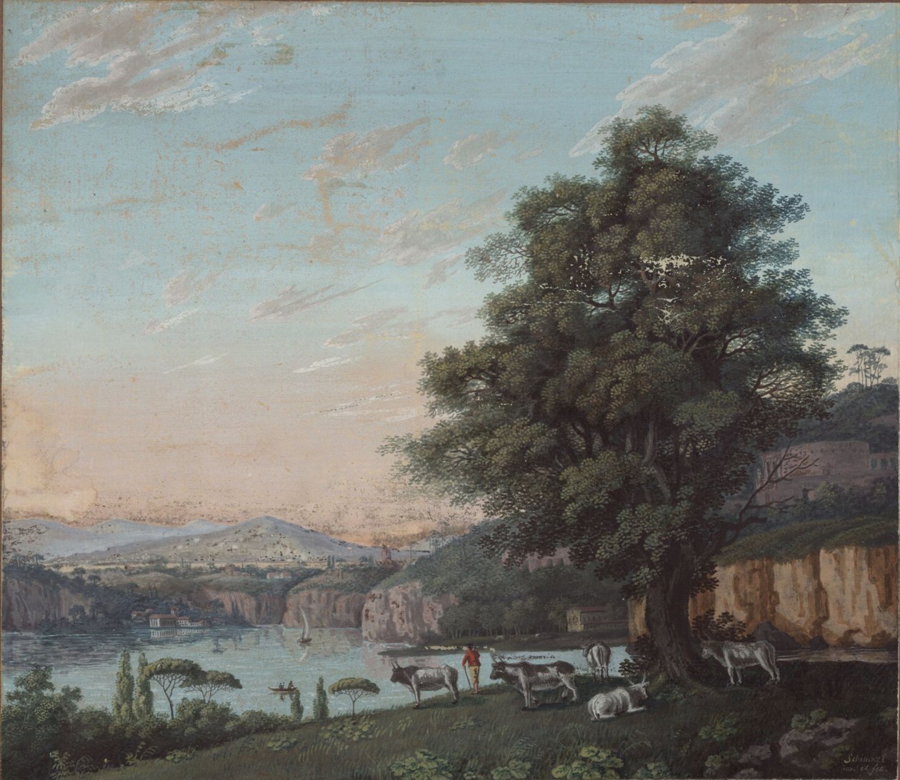 Italiensk ideallandskab med træ, flok og bjerge af Karl Friedrich Schinkel