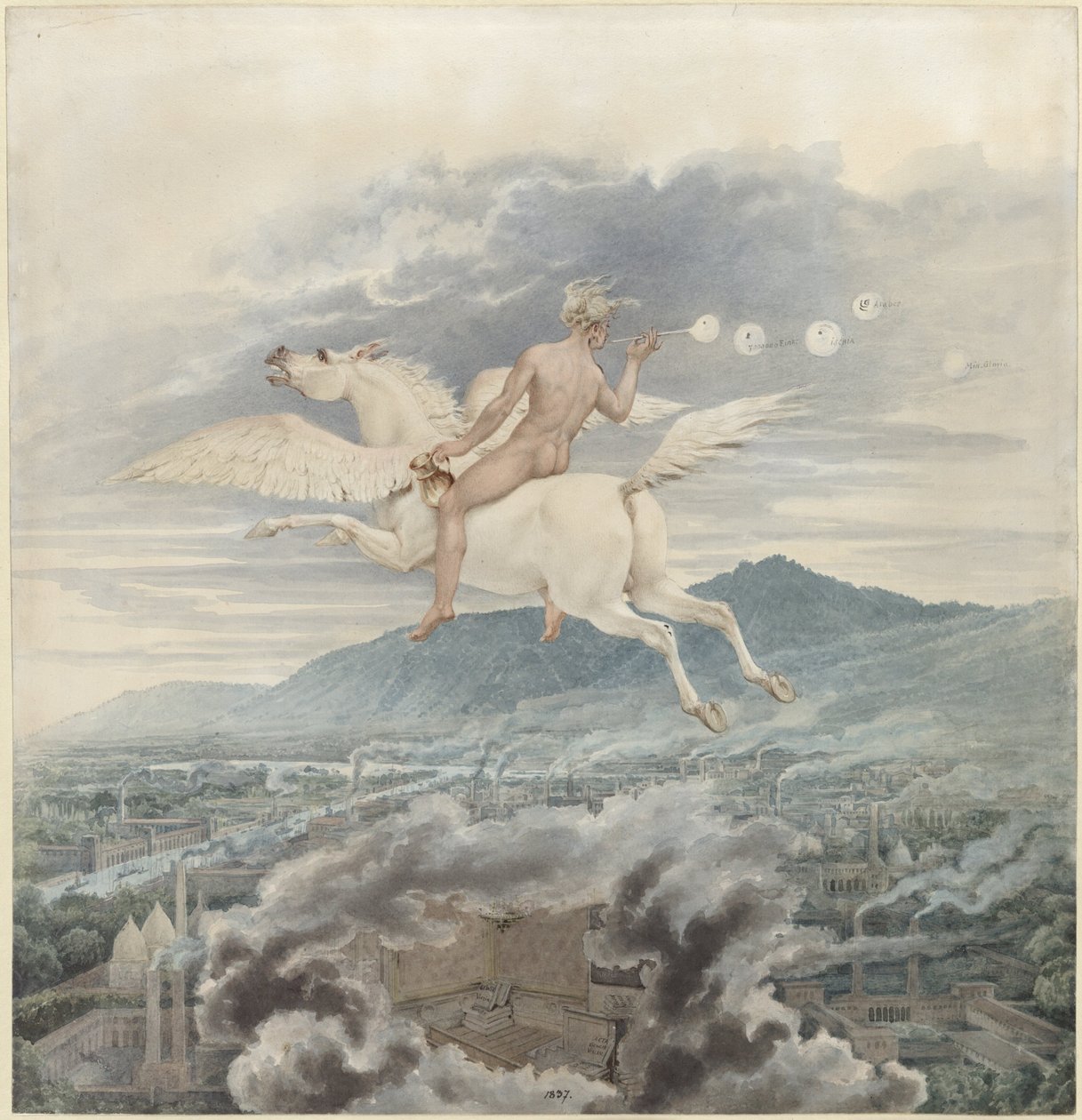 Karl Friedrich Schinkel – Kvindefigur, der blæser bobler, som allegori over Christian Peter Wilhelm Beuth, der rider på Pegasus over en industriby – 1837 af Karl Friedrich Schinkel