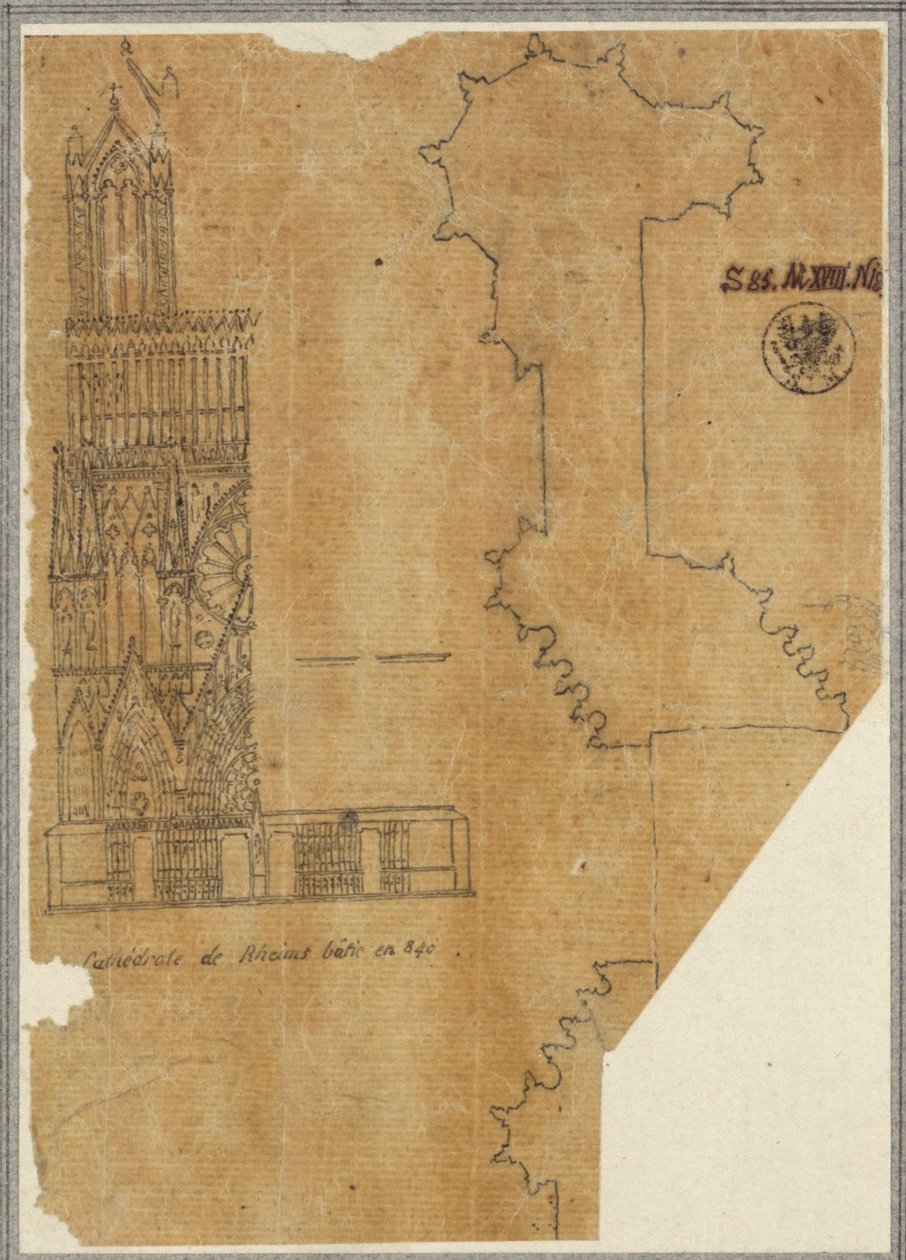 Kathedrale von Reims. Teilansicht der Westfassade und Grundriss af Karl Friedrich Schinkel