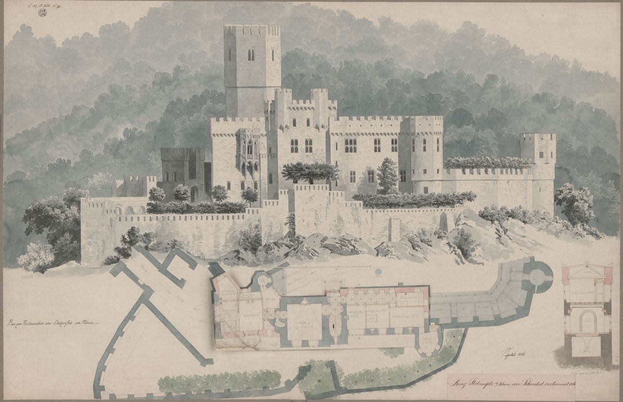 Koblenz. Stolzenfels-ruinen. Grundplan over øverste etage og fasade af Karl Friedrich Schinkel