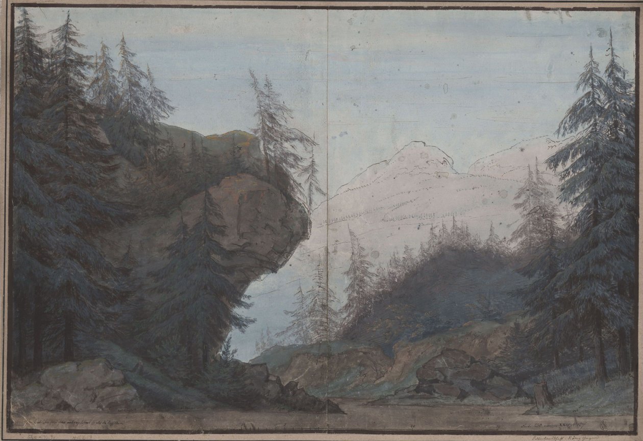 Kong Yngurd. Tragedie af Adolf Müllner. Udkast til  3. kulisse. Skovområde af Karl Friedrich Schinkel