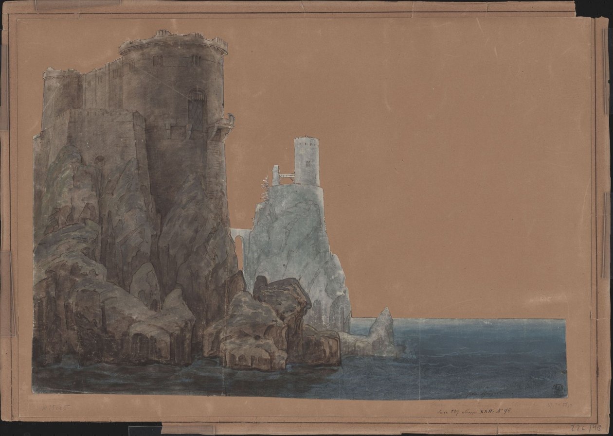 Kong Yngurd. Tragedie af Adolf Müllner. Udkast til den 4. dekoration. Tårn med Dødsporten ved havet af Karl Friedrich Schinkel