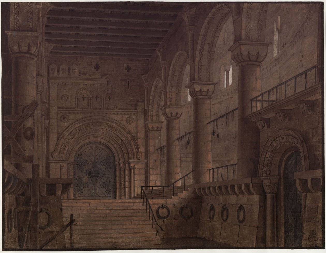 Kong Yngurd. Tragedie af Adolf Müllner. Udkast til  5. kulisse. Sal i tårnet med Dødens Port af Karl Friedrich Schinkel