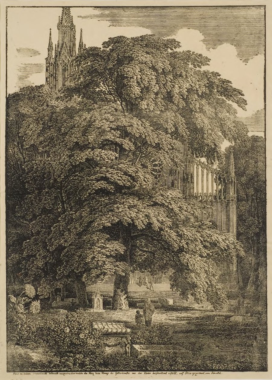 En kirkegård uden for en gotisk katedral af Karl Friedrich Schinkel