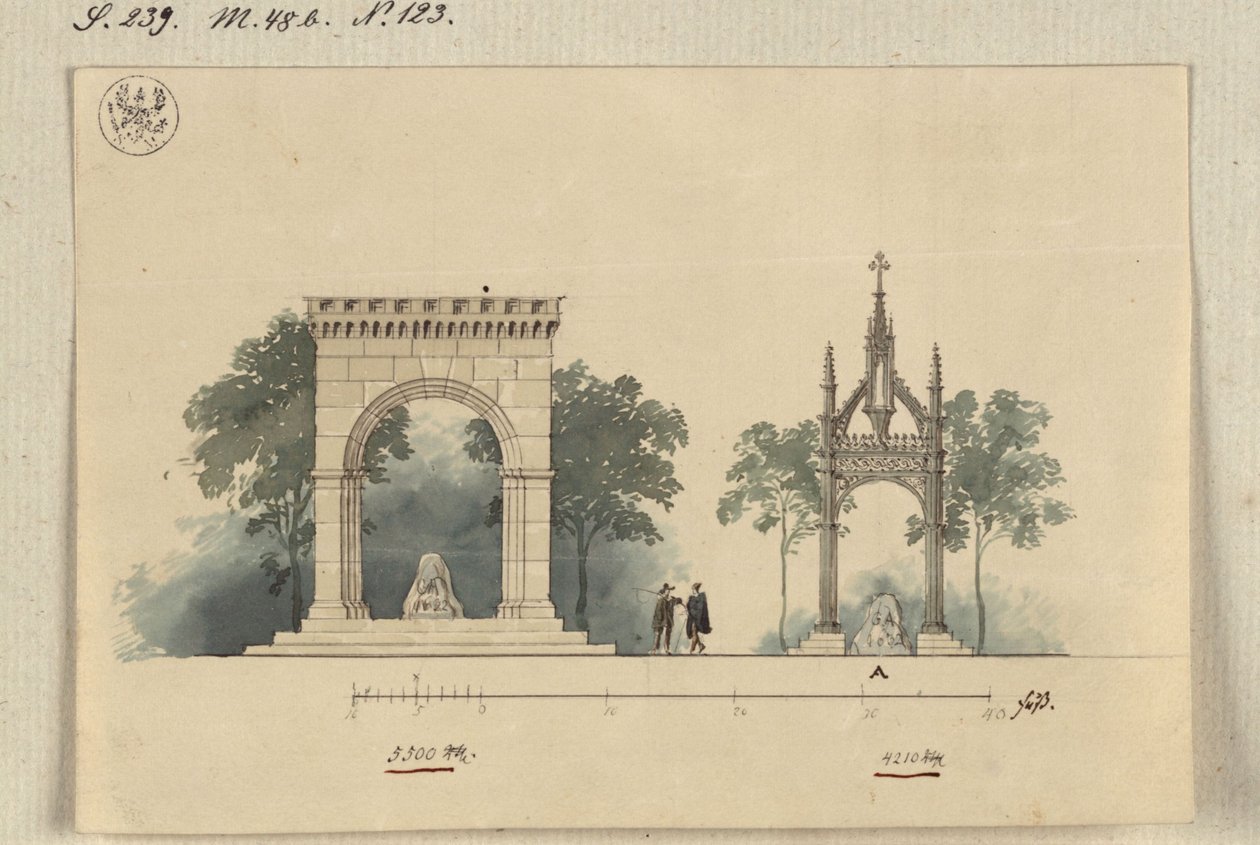 Lützen. Udkast til et monument for kong Gustav 2. Adolf af Sverige som en på fire sider åben buehal og som et tabernakel over Svenskestenen af Karl Friedrich Schinkel