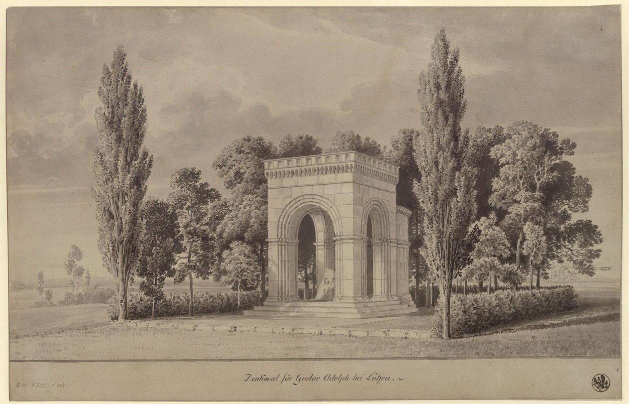 Lützen. Udkast til et monument for Sveriges kong Gustav 2. Adolf i form af en romansk hal over Svenskestenen med en tilføjet apsis. Ansicht af Karl Friedrich Schinkel