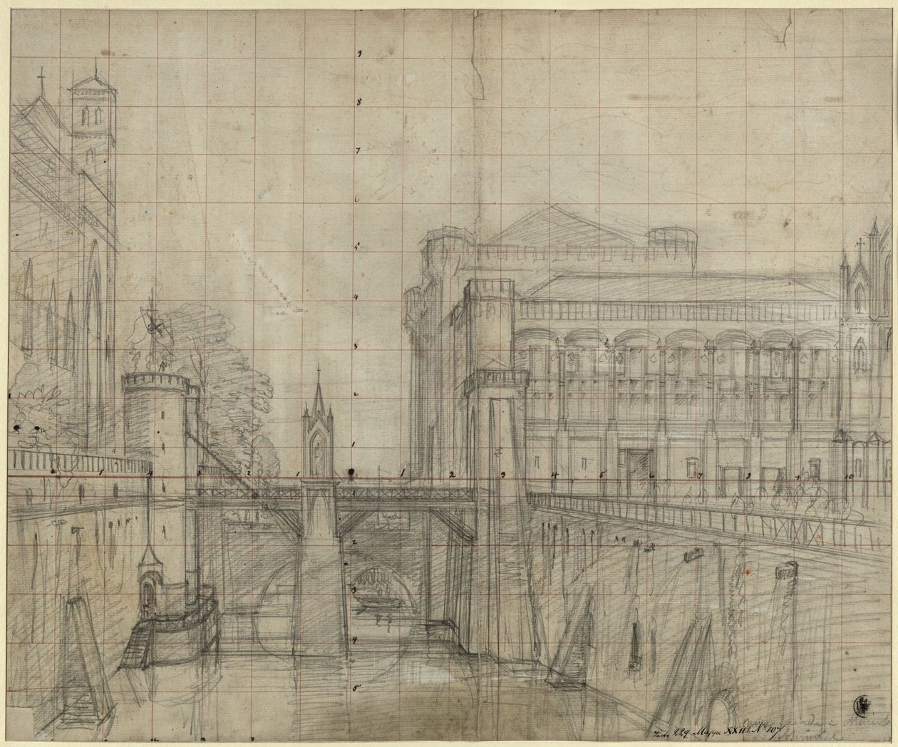 Malbork nær Gdańsk. Malbork Slot. Udsigt over voldgraven og gårdfacaden på stormesterens palads af Karl Friedrich Schinkel
