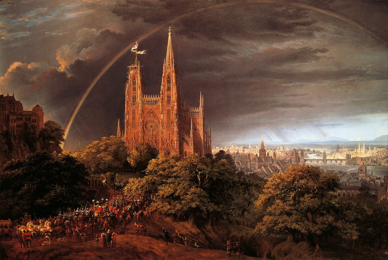 Middelalderby ved bredden af floden af Karl Friedrich Schinkel (1781-1841) af Karl Friedrich Schinkel