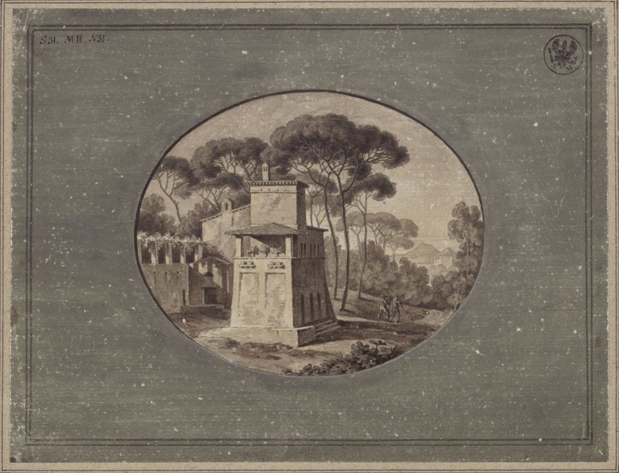 «Mejeri i pinjelunden ved Villa Borghese nær Rom» / Casa Cenci i Villa Borgheses park i Rom af Karl Friedrich Schinkel
