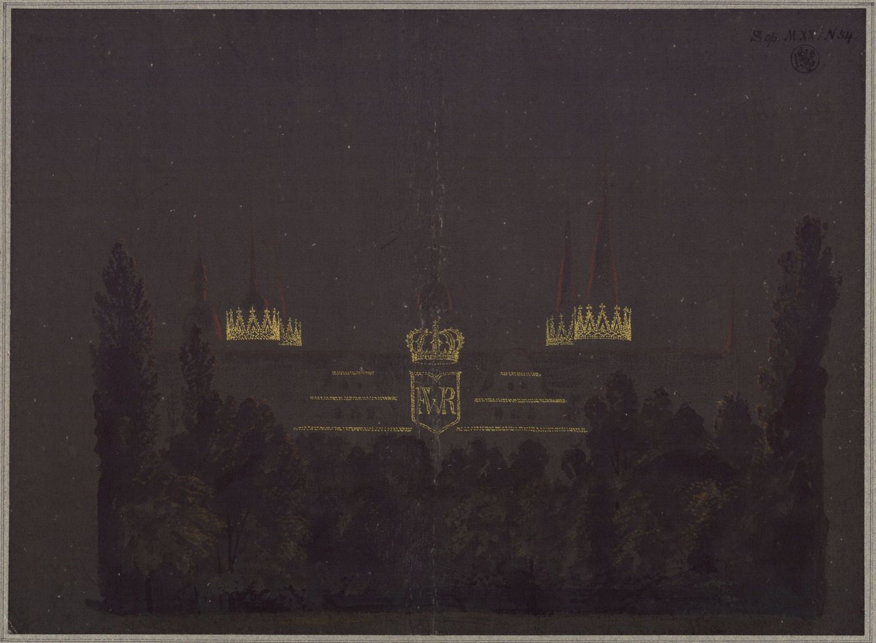 Merseburg. Slot. Udkast til illumination af slottet i anledning af hyldestfestlighederne for Frederik Vilhelm III af Preussen af Karl Friedrich Schinkel