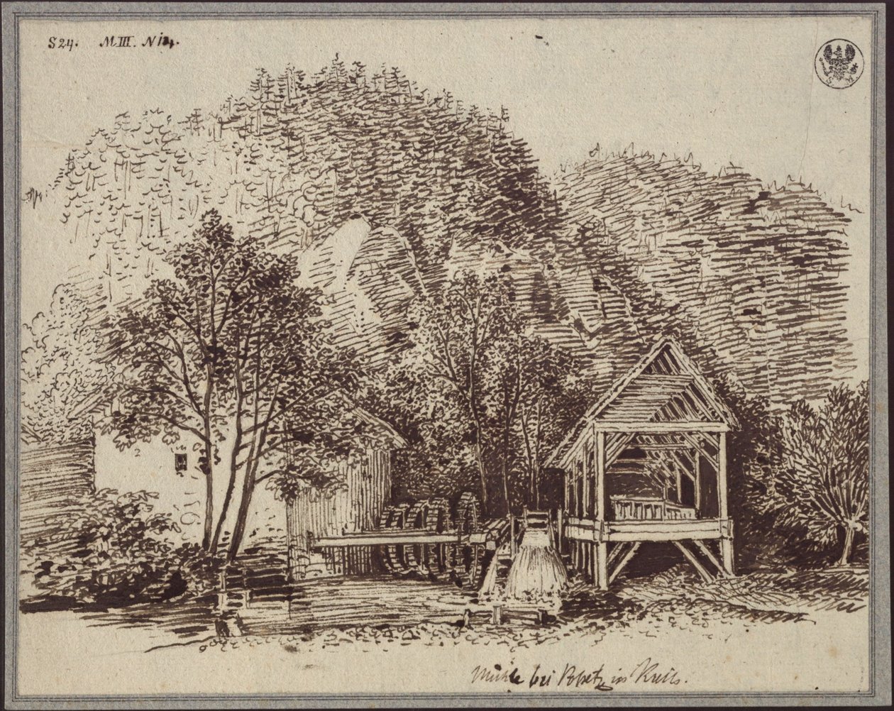 "Mølle ved Popetz i Krain" / Mølle ved landsbyen Podpetsch (Podpeč) i Krain af Karl Friedrich Schinkel