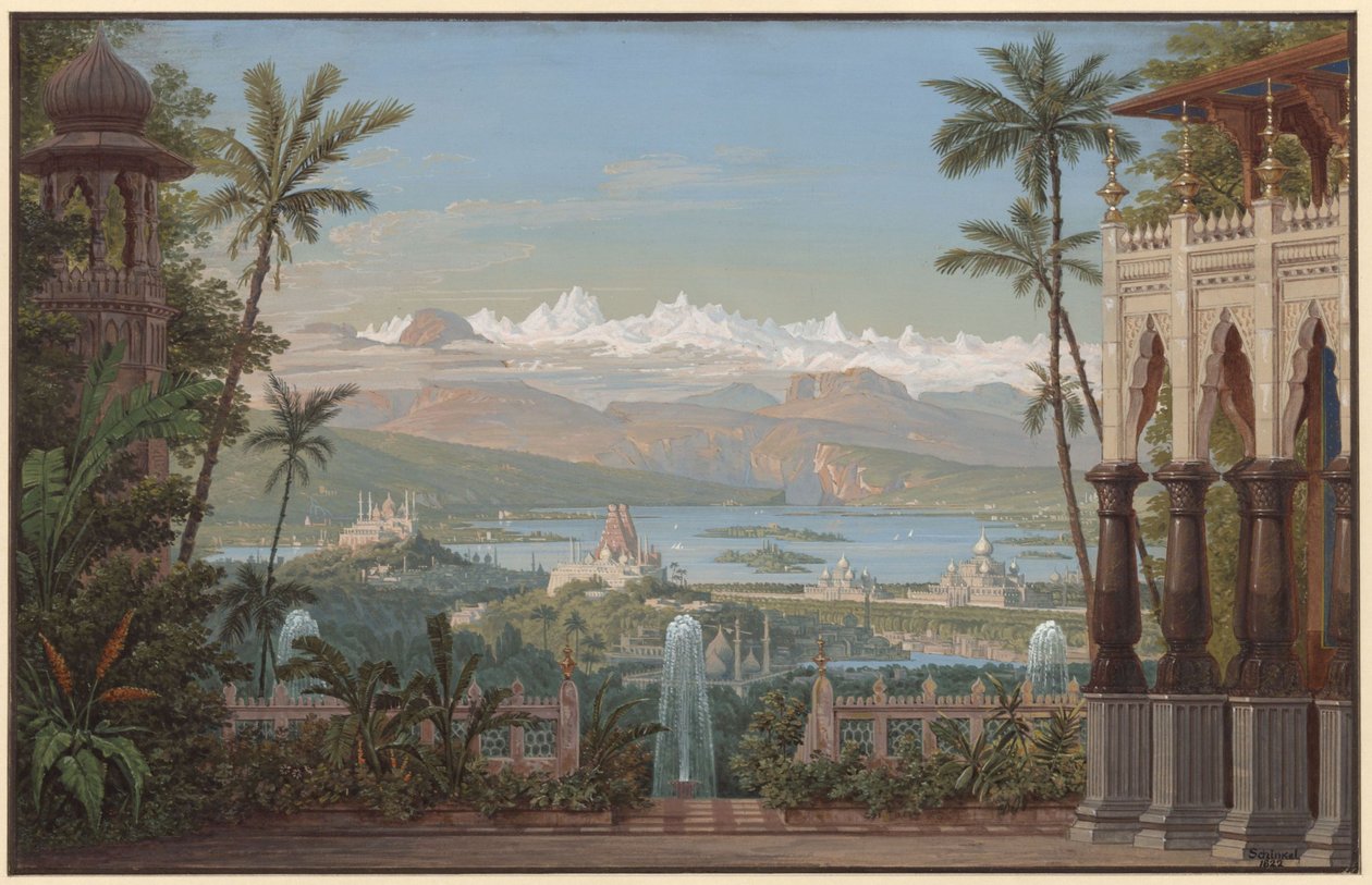 Nurmahal eller Rosenfesten i Kashmir. Opera af Gaspare Spontini. Udkast til 2. kulisse. Haveterrasse med udsigt over Kashmir-dalen af Karl Friedrich Schinkel