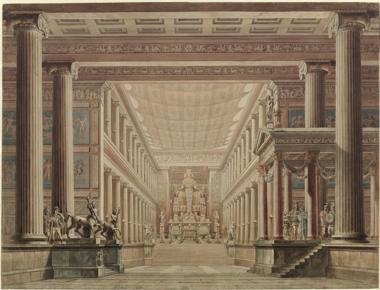 Olimpia. Opera af Gaspare Spontini. Udkast til den 2. kulisse. Interiøret i Dianas tempel af Karl Friedrich Schinkel