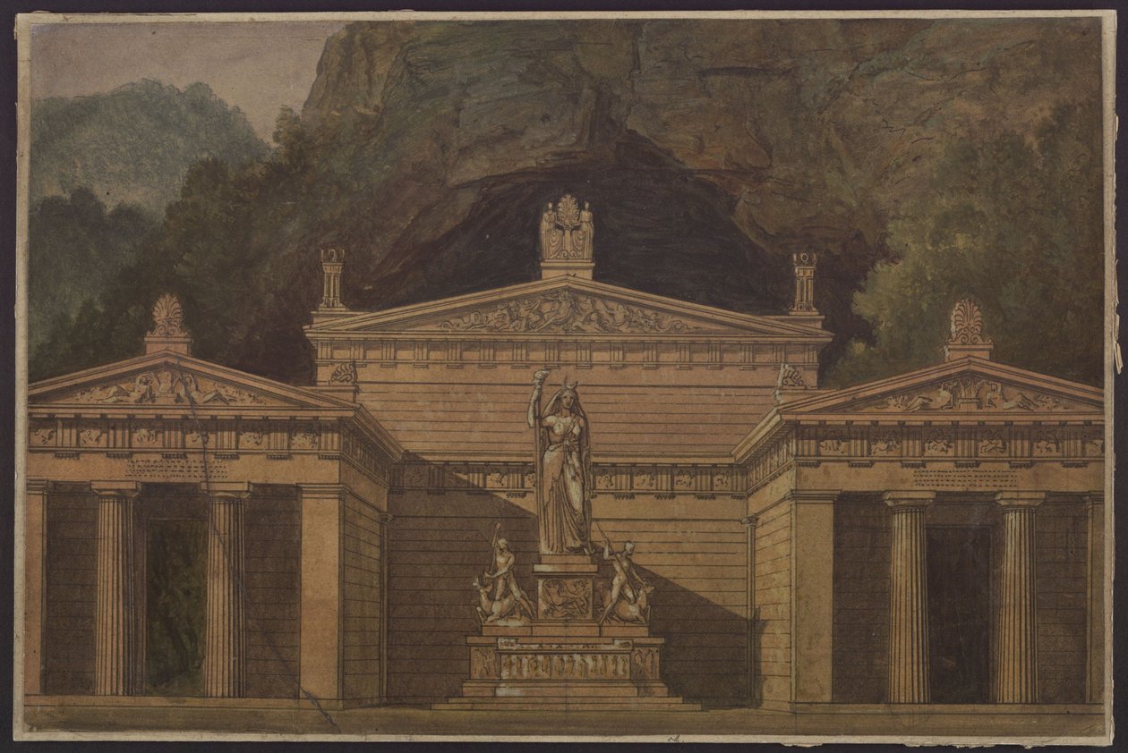 Olimpia. Opera af Gaspare Spontini. Udkast til 4. dekoration. Dianas tempel af Karl Friedrich Schinkel