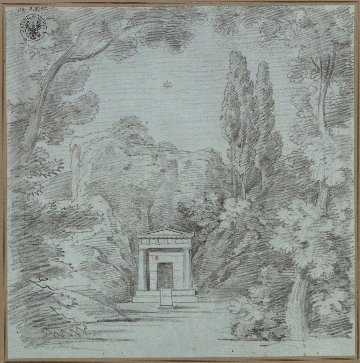 Orfeus og Eurydike. Opera af Christoph Willibald Gluck. Udkast til den første kulisse (). Udkast til et mausoleum på en klippe af Karl Friedrich Schinkel
