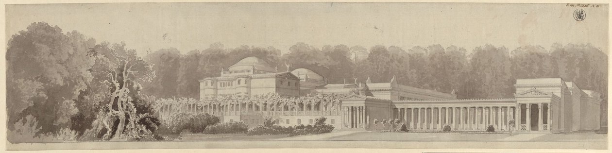 Potsdam-Sanssouci. Antikt landsted ved Charlottenhof-slottet. Perspektivisk udsnit set fra nordøst af Karl Friedrich Schinkel