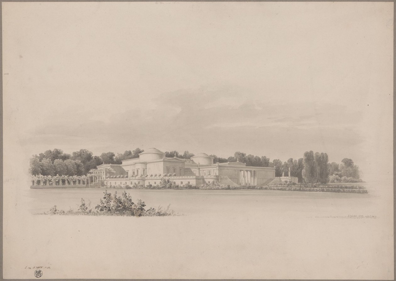 Potsdam-Sanssouci. Antikt landsted ved Charlottenhof-slottet. Perspektivisk udsnit set fra nordøst af Karl Friedrich Schinkel