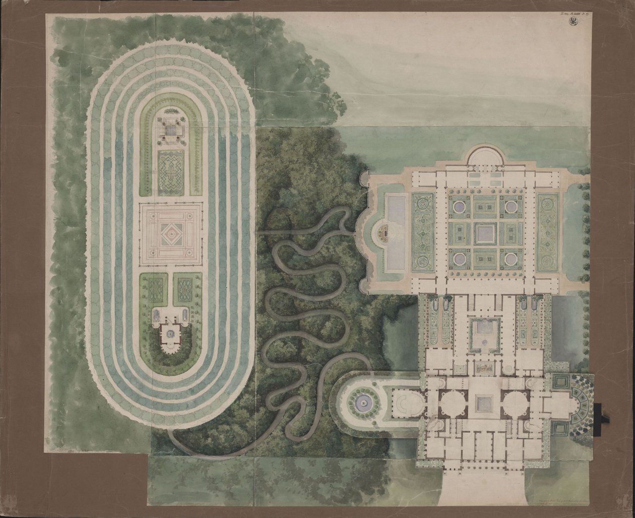 Potsdam-Sanssouci. Antikt landhus ved Charlottenhof Slot. Situationsplan og grundplan af Karl Friedrich Schinkel