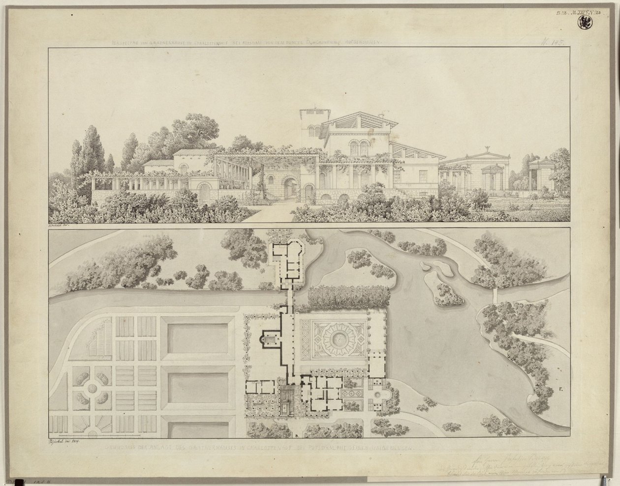 Potsdam-Sanssouci. Romerske bade ved Charlottenhof Slot. Set fra vest og grundplan af gartnerhuset af Karl Friedrich Schinkel