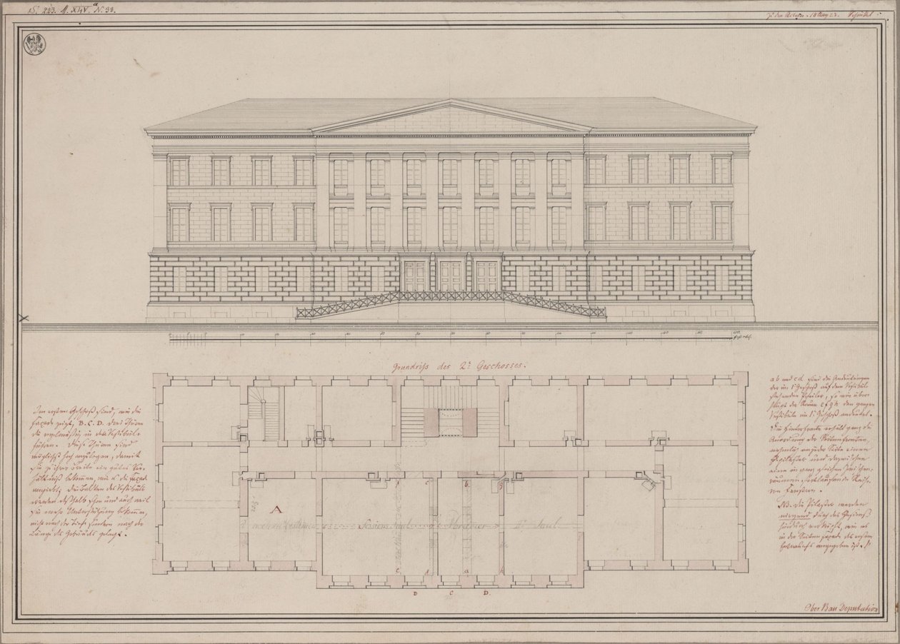 Ratibor (Racibórz). Udkast til højesteret. Opstalt og grundplan af Karl Friedrich Schinkel