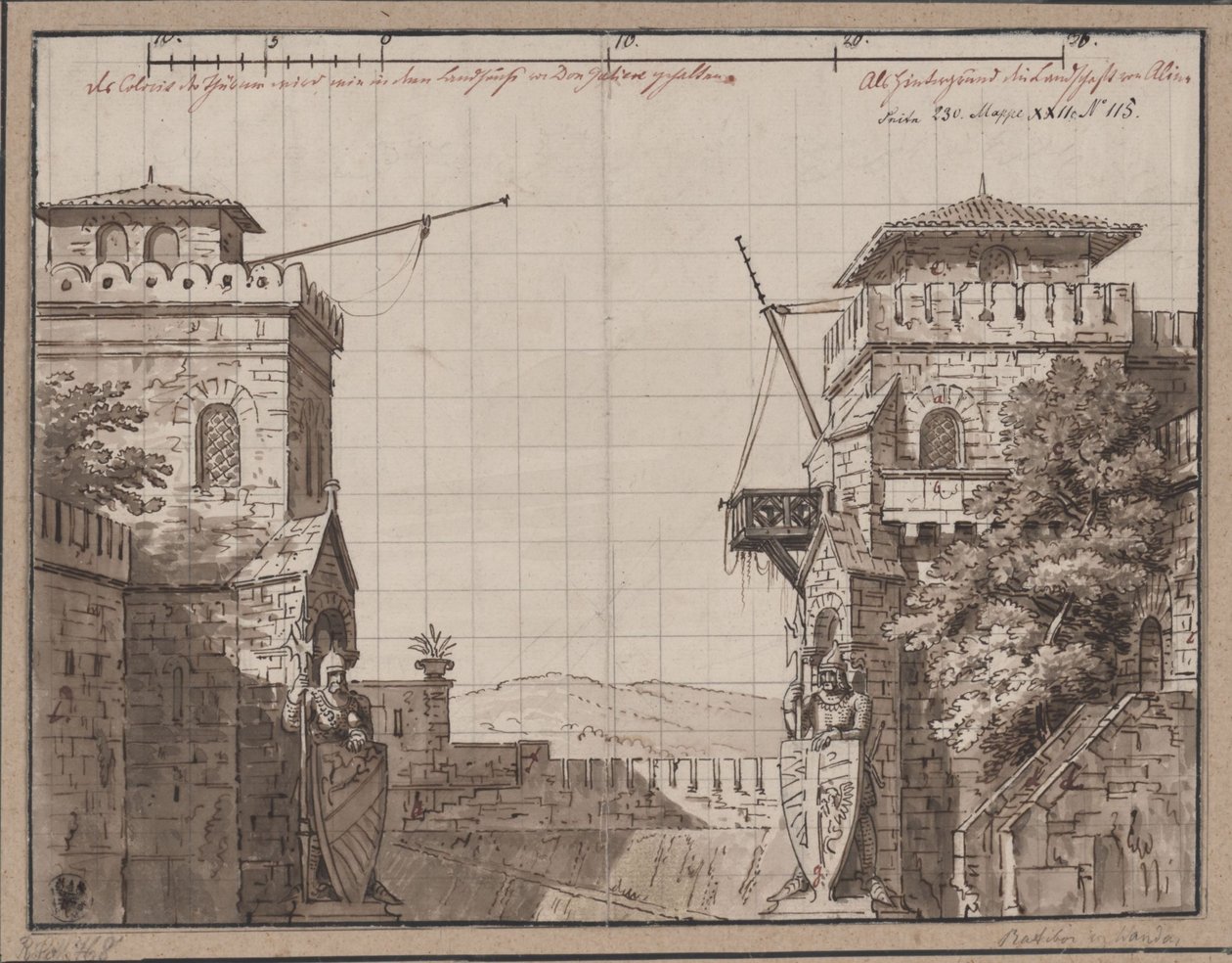 Ratibor og Wanda. Skuespil af Jakob Andreas Konrad Levezow. Udkast til 3. kulisse. Fæstning med udsigt over bjergene af Karl Friedrich Schinkel