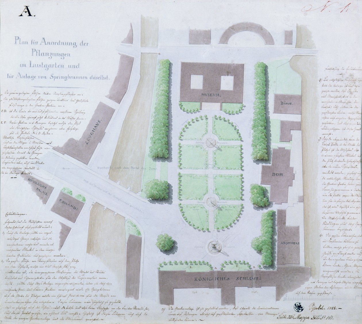 Redesign af Lustgarten, 1828 (wc og pen og blæk på papir) af Karl Friedrich Schinkel