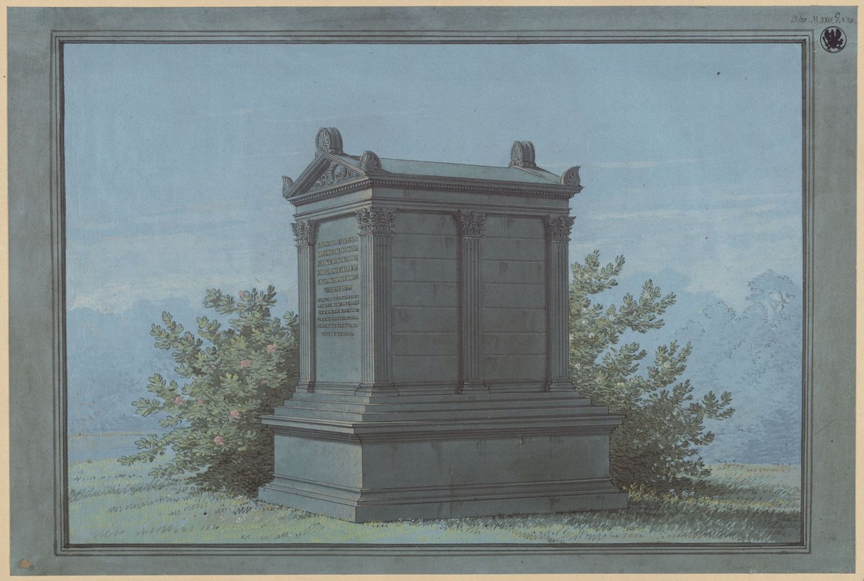 Sarkofag i tempelform - Belchau (Białochowo), tidligere kreds Graudenz (Powiat Grudziądzki), regeringsdistrikt Marienwerder (Województwo Kujawsko-Pomorskie). Udkast til Klinggräfs gravmonument i form af et lille tempel med korintiske pilastre af Karl Friedrich Schinkel