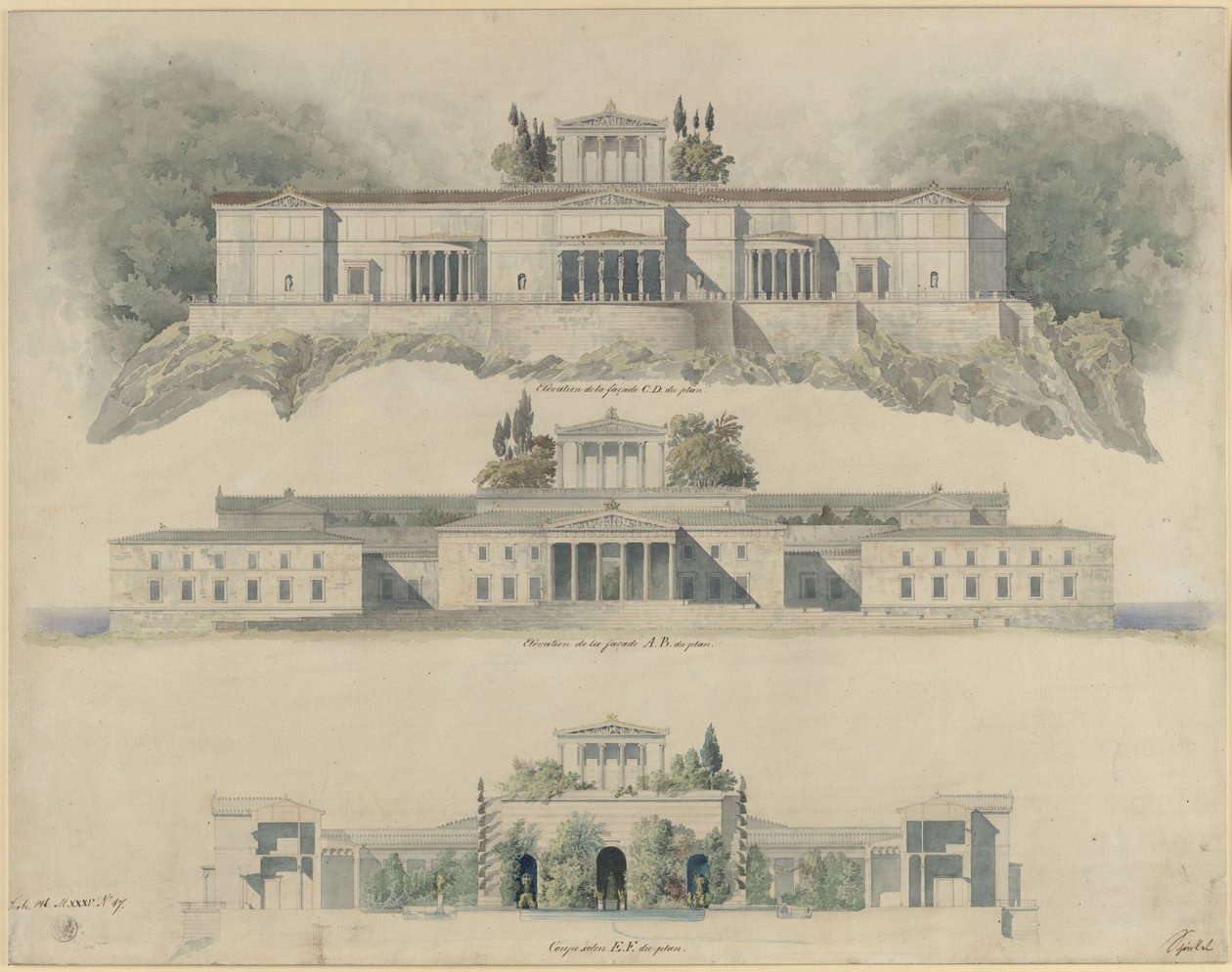 Orianda-slottet på Krim. Klassicistisk udkast. Opstalt af sø- og landsiden, snit gennem det kejserlige hof med Krim-museet og det kronende tempel af Karl Friedrich Schinkel
