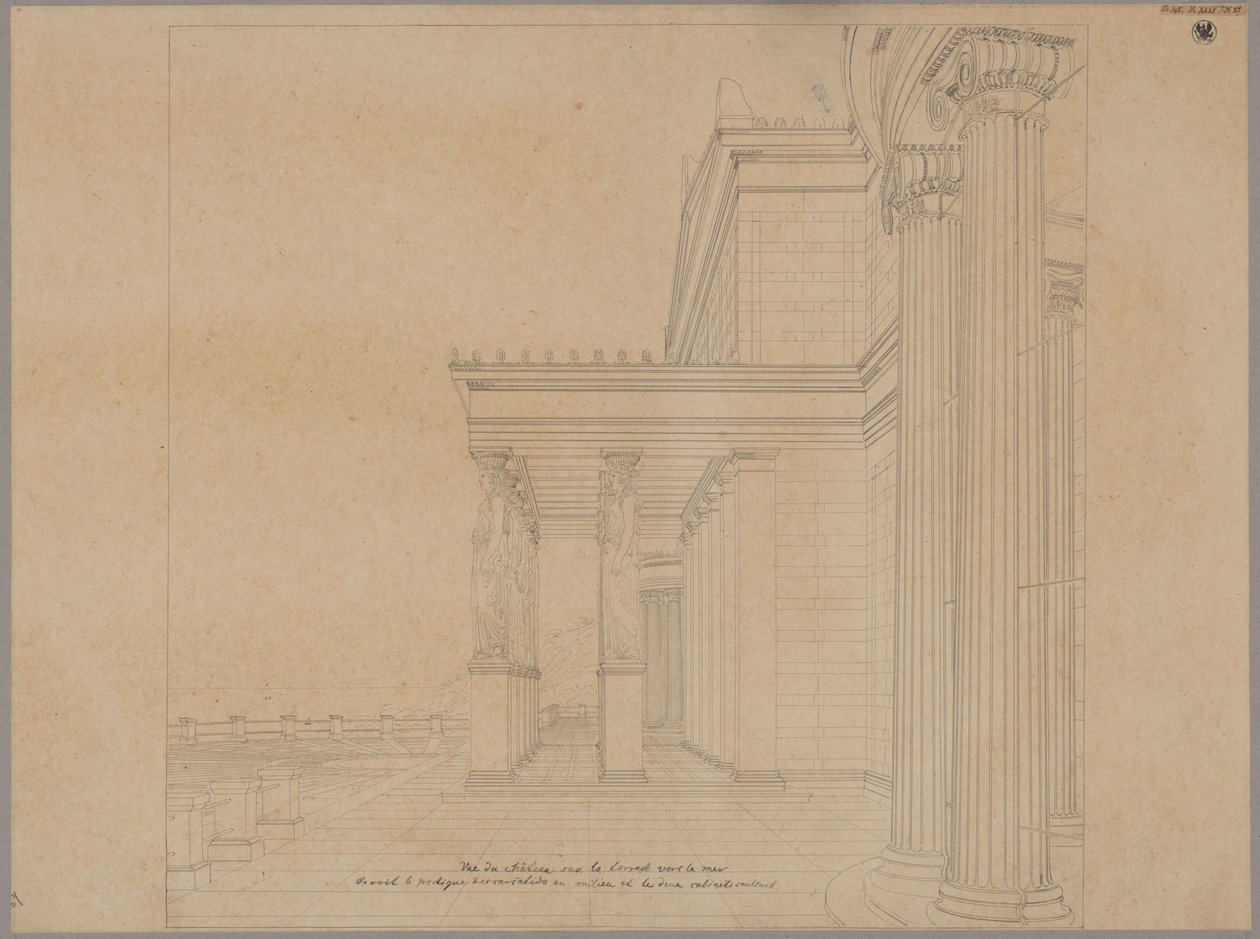 Orianda-slottet på Krim. Antik inspireret arkitektur. Slottets terrasse med portikus ud mod havet af Karl Friedrich Schinkel