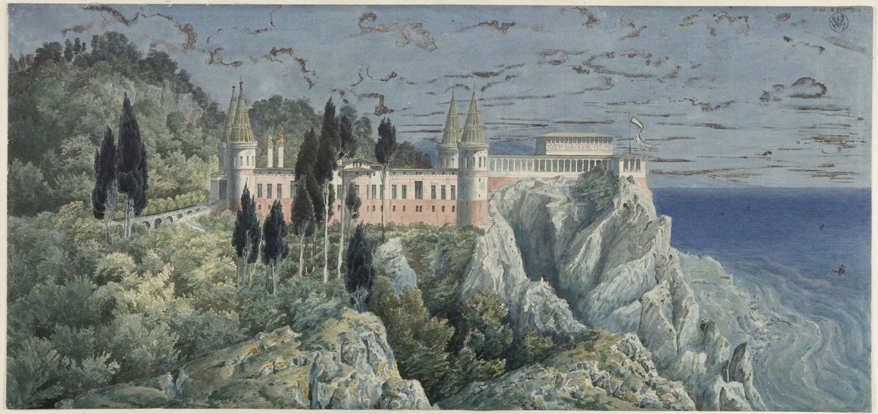 Orianda Slot på Krim. Moskovitisk udkast. Udsigt af Karl Friedrich Schinkel