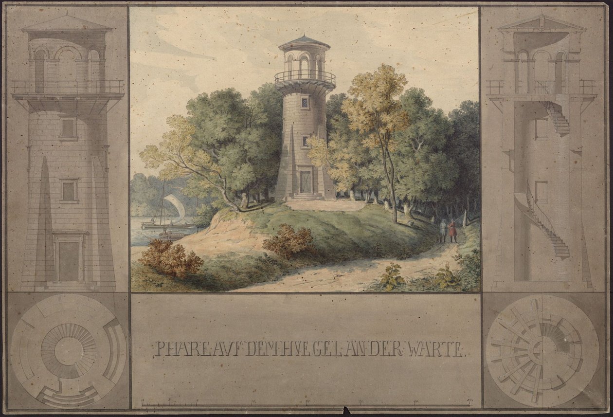 Owinsk Slot (Owińska), tidligere distrikt og regeringsområde Posen (Storpolens voivodskab). Udkast til et fyrtårn til parken af Karl Friedrich Schinkel