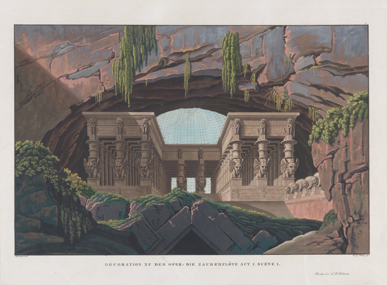 Scenedesign til operaen Tryllefløjten af ​​Wolfgang Amadeus Mozart, 1847-1849. af Karl Friedrich Schinkel