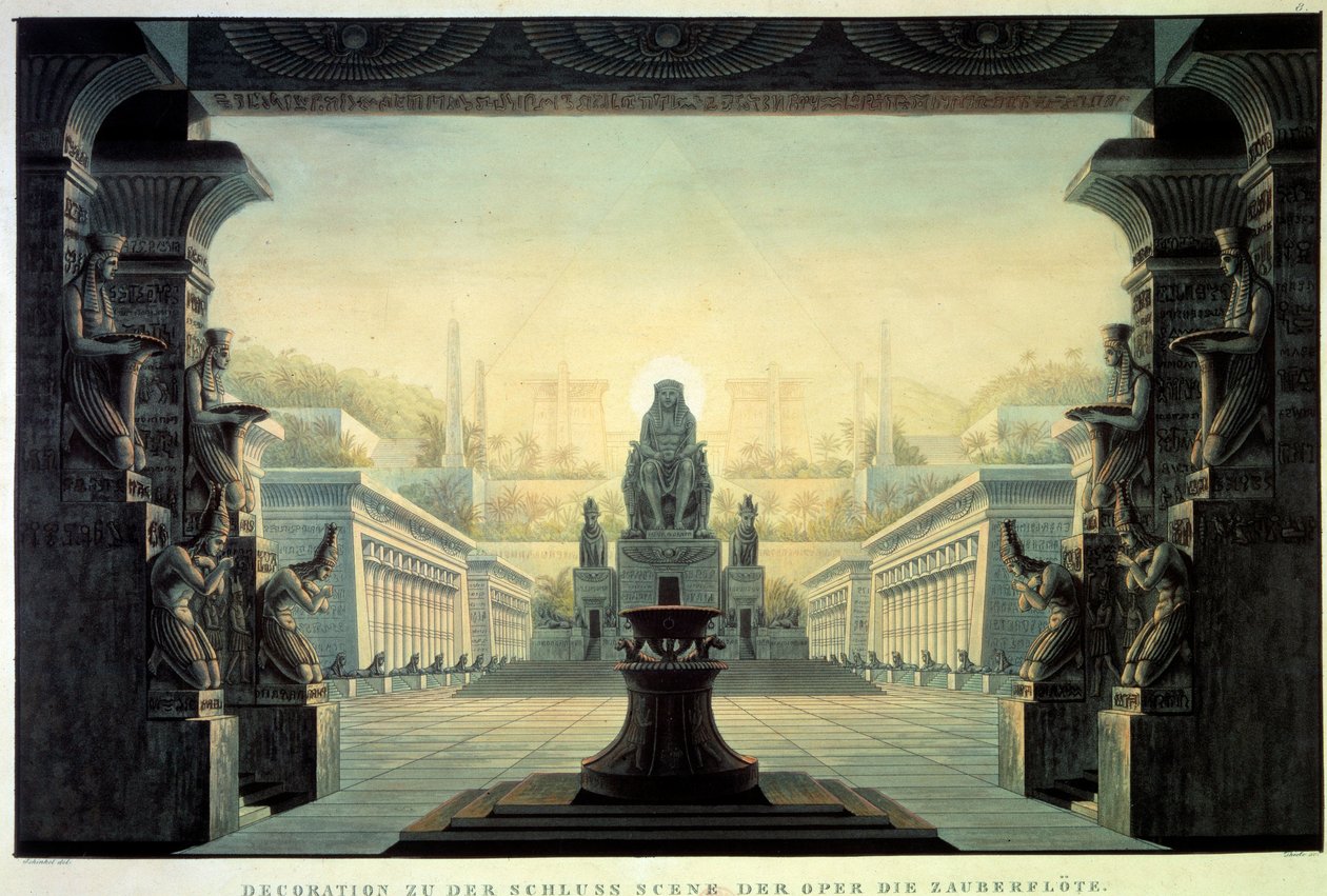 Teaterindretning: Indretning til operaen “La flute enchante (Die Zauberflote) af Wolfgang Amadeus Mozart, på en libretto af Emanuel Schikaneder. Tegning af Karl Schinkel (1781-1841) af Karl Friedrich Schinkel