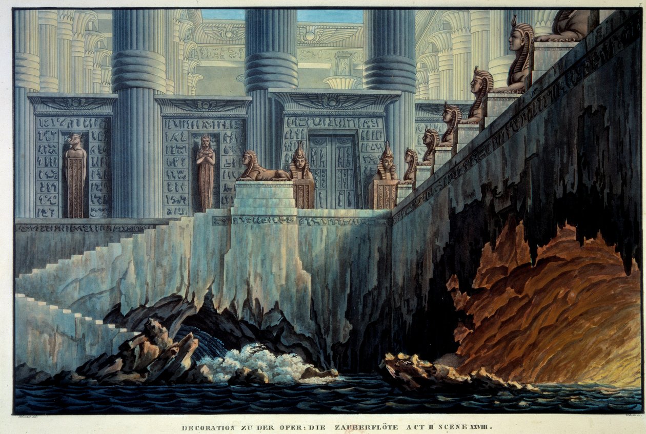 Teaterindretning til den fortryllende fløjte (Opera "" Die Zauberflote"" af Wolfgang Amadeus Mozart). Stik af Karl Schinkel (1781-1841) Ec. Alle. af Karl Friedrich Schinkel