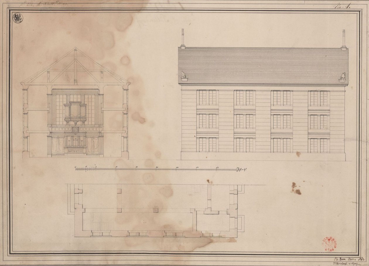 Tillendorf (Bolesławice, regeringsdistriktet Liegnitz). Udkast til den evangeliske kirke. Grundplan, opstalt af sidefacaden og tværsnit af Karl Friedrich Schinkel