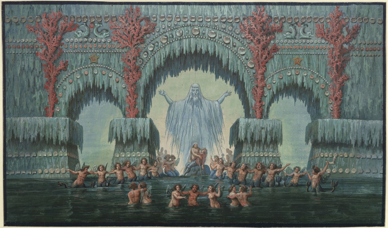 Undine. Opera af E. T. A. Hoffmann. Udkast til den 10. kulisse. Kühleborns vandpalads af Karl Friedrich Schinkel