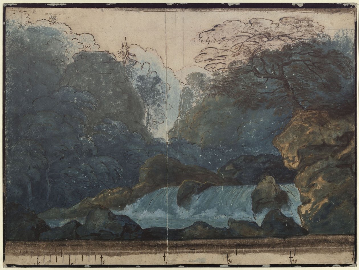Undine. Opera af E. T. A. Hoffmann. Udkast til det 2. kulissebillede. Skov med vandfald af Karl Friedrich Schinkel