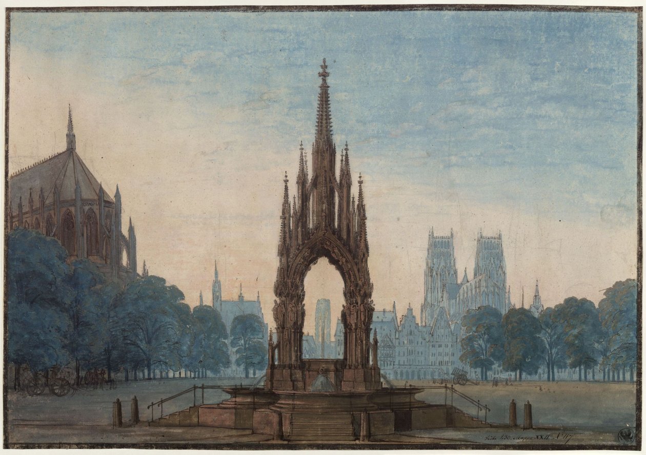 Undine. Opera af E. T. A. Hoffmann. Udkast til den tredje kulisse. Markedsplads med springvand af Karl Friedrich Schinkel