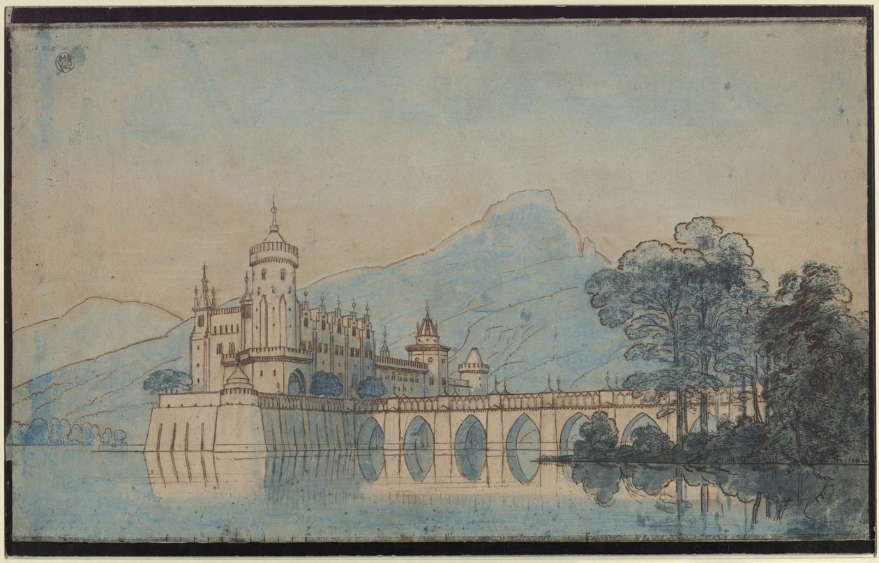 Undine. Opera af E. T. A. Hoffmann. Udkast til den 9. kulisse. Burg Ringstetten af Karl Friedrich Schinkel