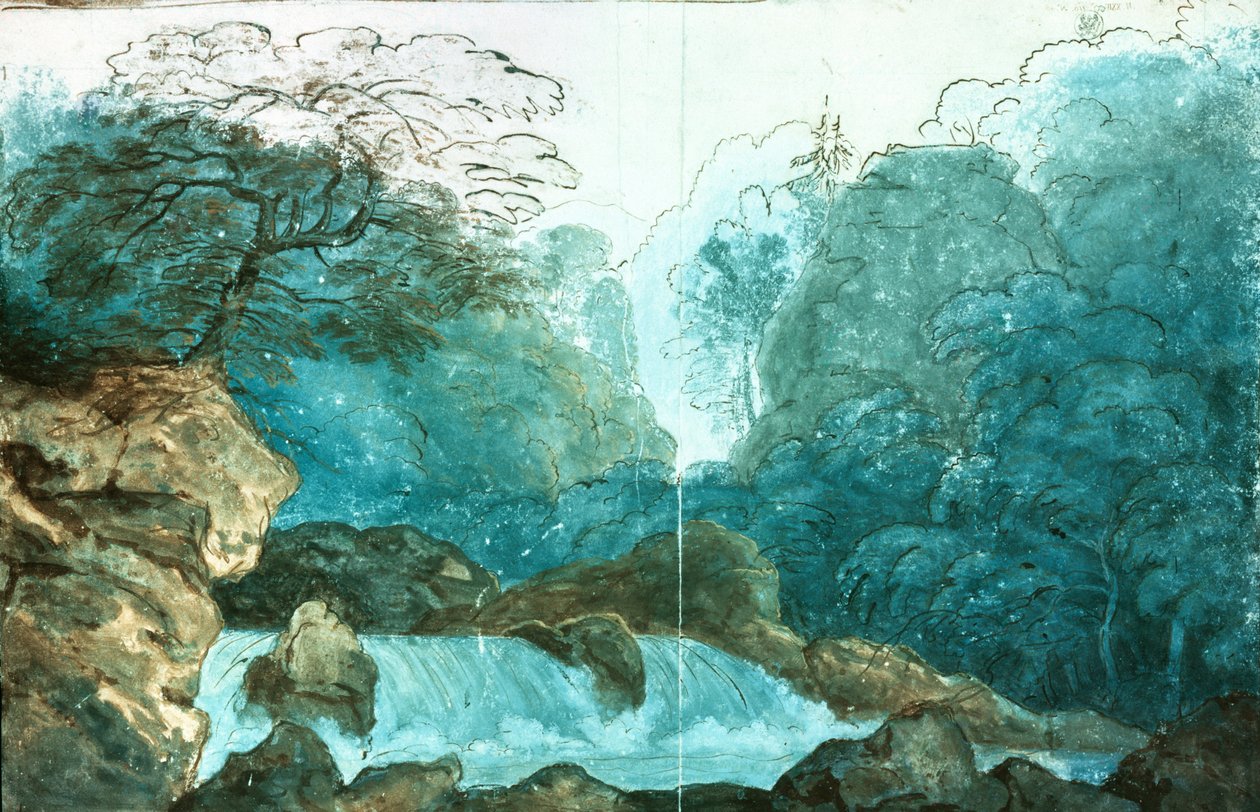 Vandfald i en skov, scenografi til en produktion af Undine, (wc på papir) af Karl Friedrich Schinkel