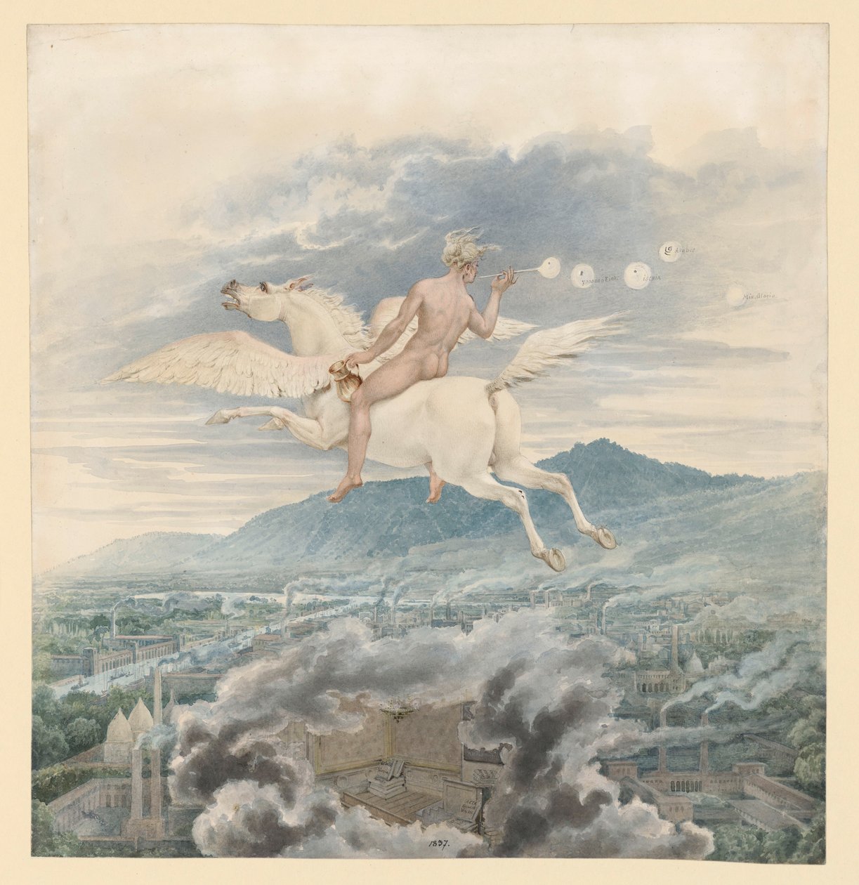 Kvindelig figur (sæbebobleblæser) som allegori over Christian Peter Wilhelm Beuth, ridende på Pegasus over en industriby af Karl Friedrich Schinkel