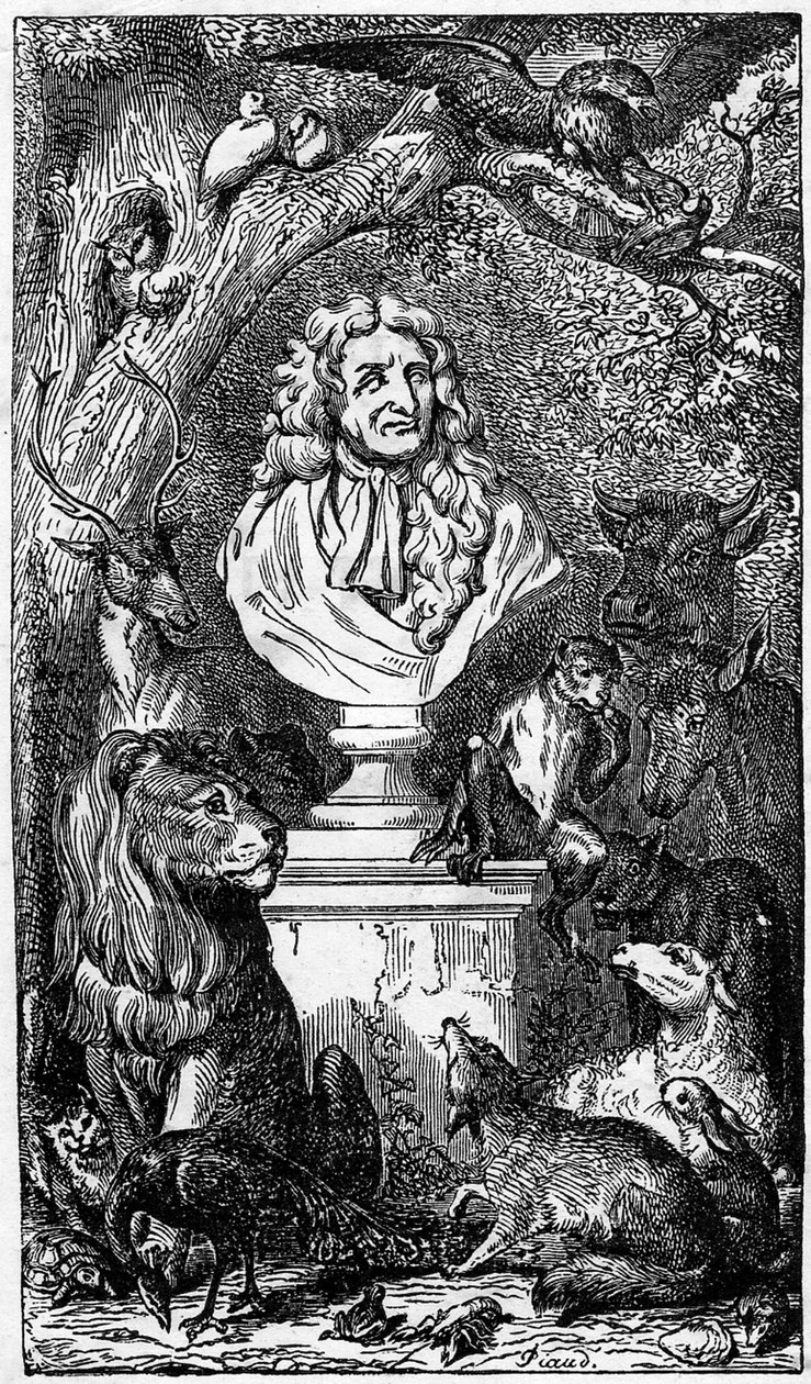 Allegorisk buste af Jean de La Fontaine, omgivet af dyr; frontispice til en bog med Fabler af la Fontaine af Karl Girardet
